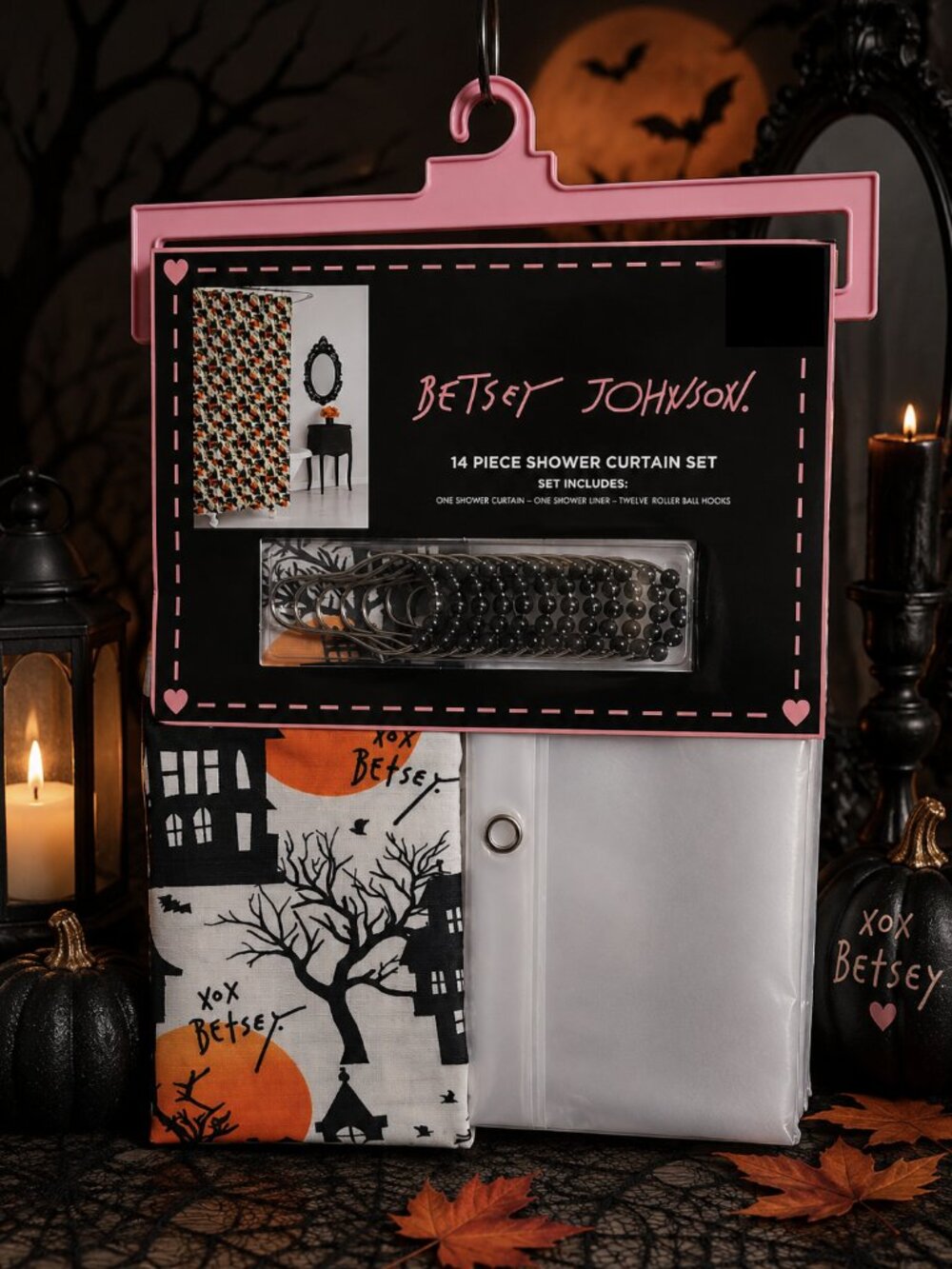 Betsey Johnson Spooky Haunted House Halloween Shower Curtain Liner Hooks NWT